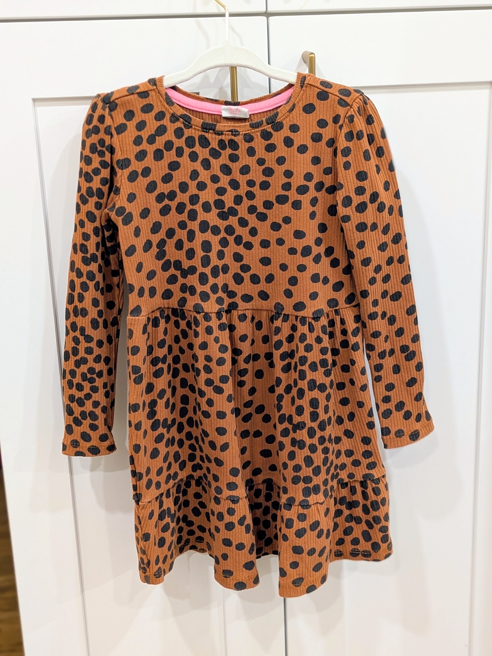 HEMA- Rust Orange Long-Sleeve Polka Dot Dress with Black Spots